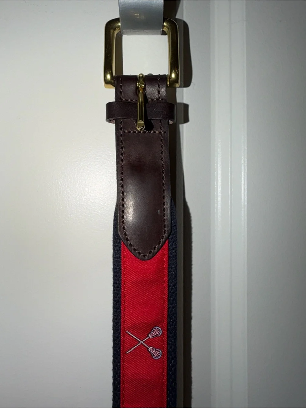 Vineyard Vines Red Lacrosse Belt with Brown Leather Trim